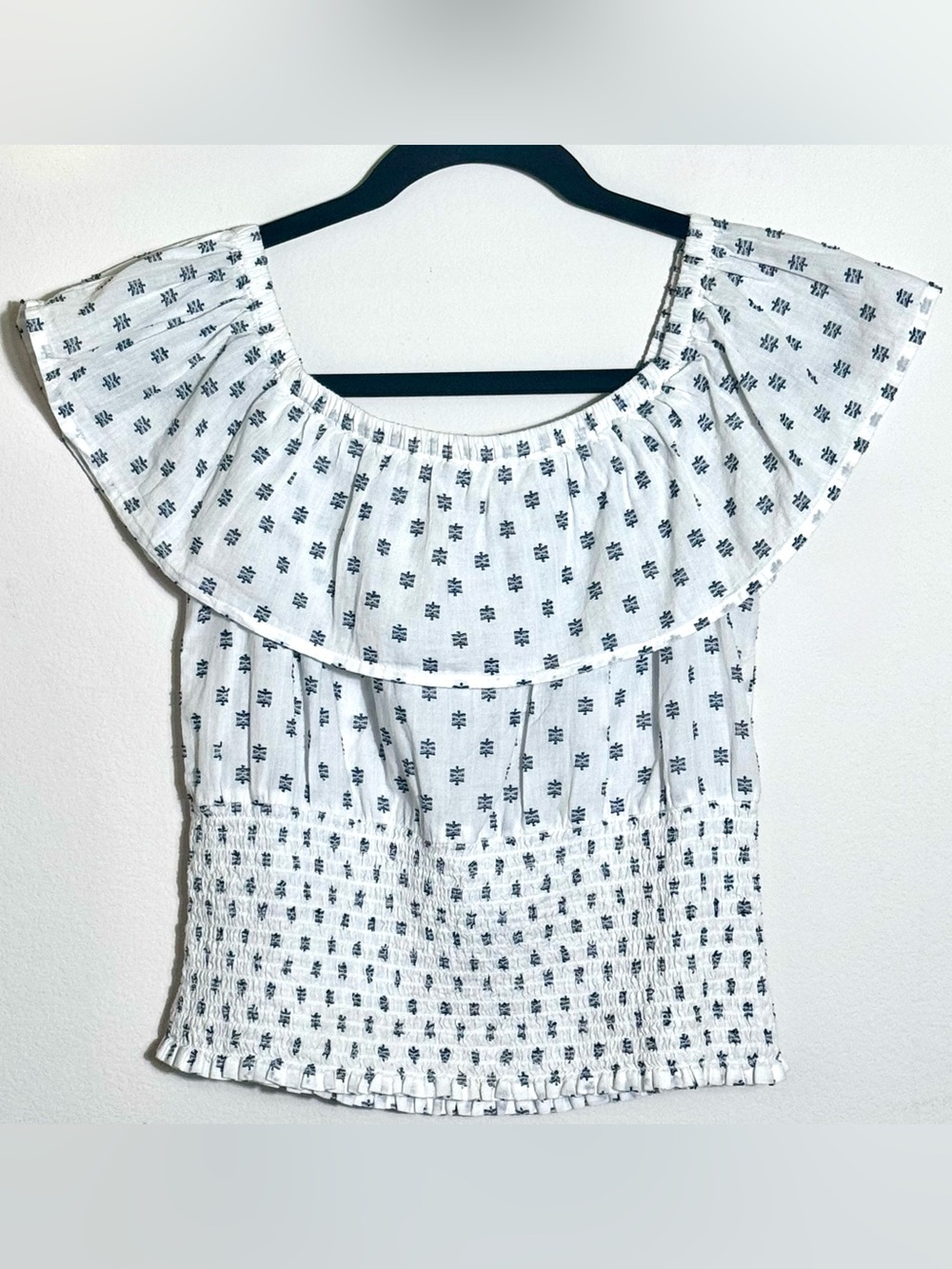 Mi Ami from Francesca's Smocked Off-Shoulder Boho Top, White & Navy, Size Small